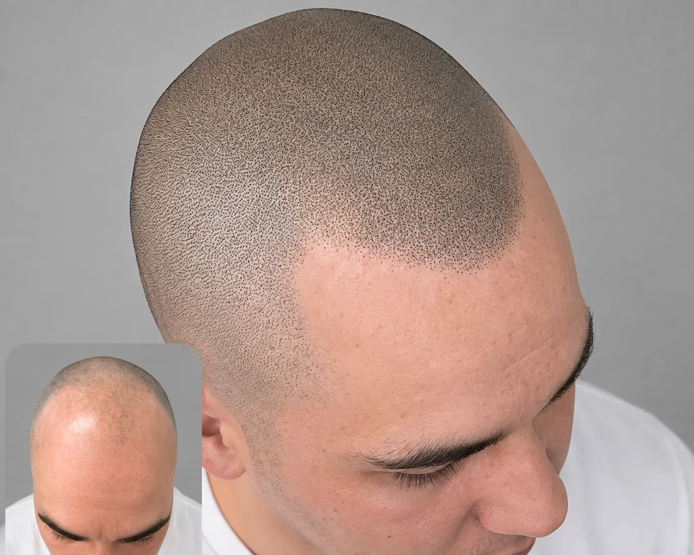 Shaved-look scalp micropigmentation with a soft natural hairline, shown before and after
